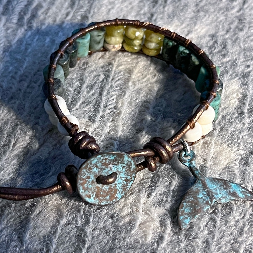 Patina Whale Tail Charm - Bronze Leather Wrap Bracelet, Turquoise & Serpentine